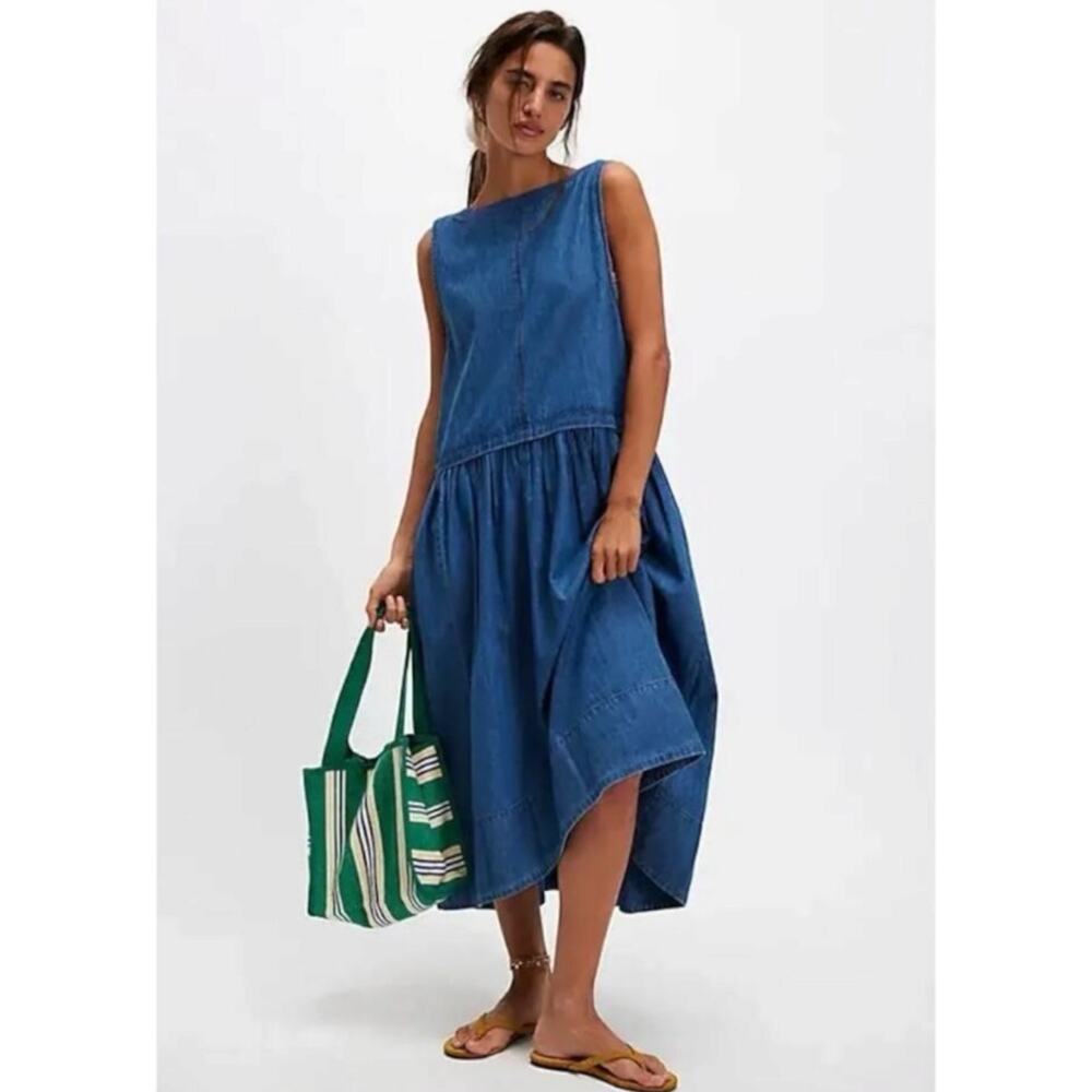 Free People Retro 90s Soraya Light Denim Sky Drop Waist Midi Jumper Dress Large - Picture 4 of 11